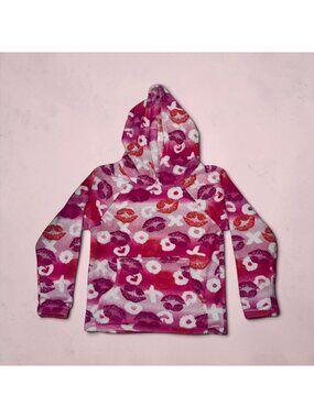 Made With Love And Kisses Girls Fleece Hoodie 8-10 Pink & Orange Lips Pattern Co
